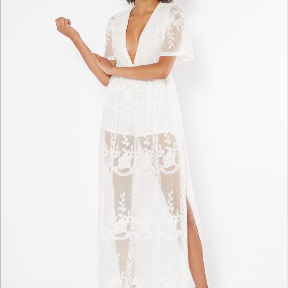 Ivory V Neck Sheer Lace Kimono Maxi Romper